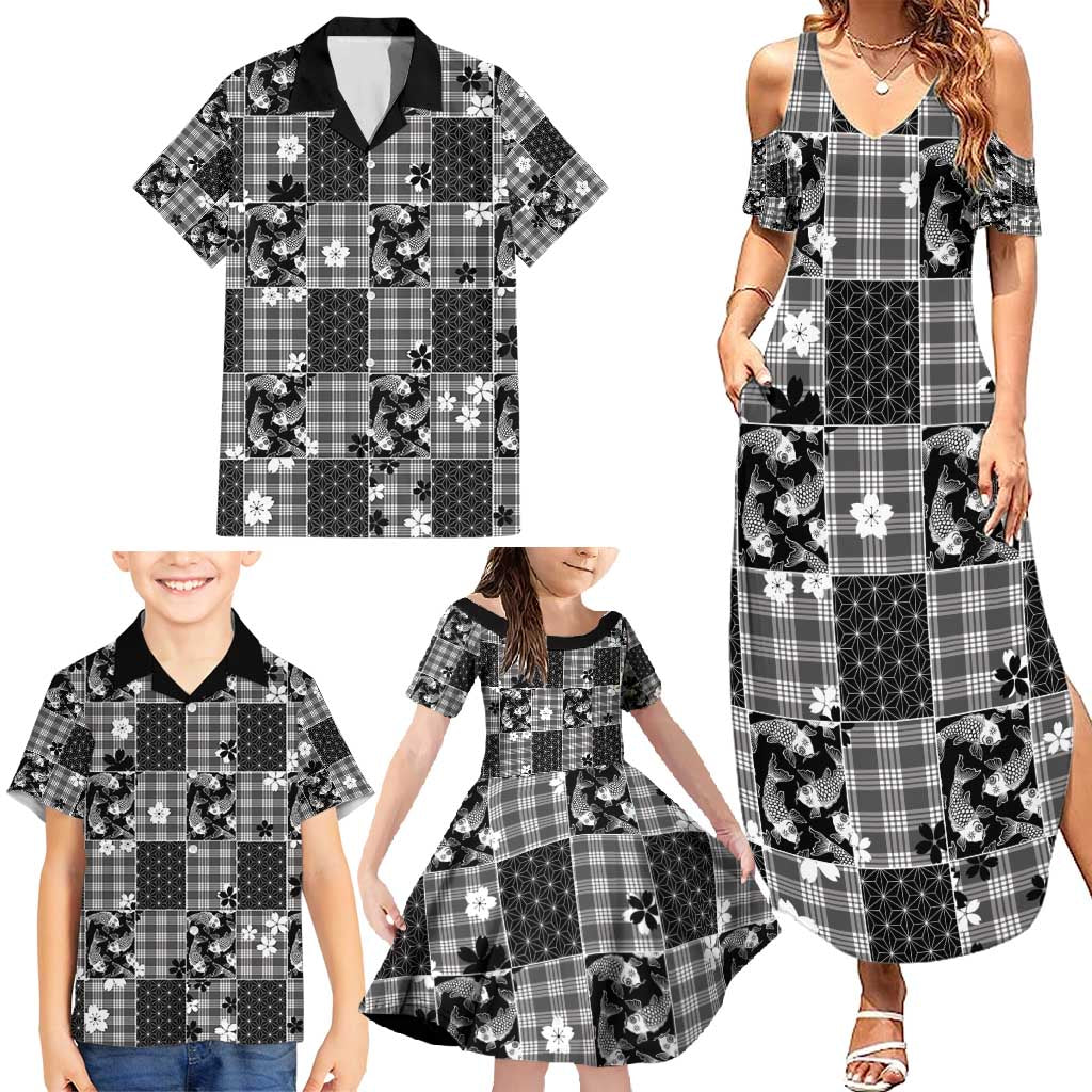 Black Palaka Japanese Patterns Family Matching Summer Maxi Dress and Hawaiian Shirt Koi Fish Asanoha Sakura Patchwork Stylized - Polynesian Pride