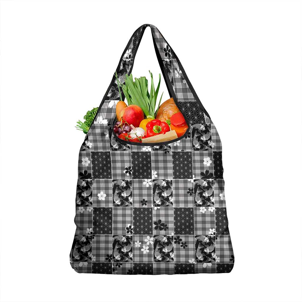 Black Palaka Japanese Patterns Grocery Bag Koi Fish Asanoha Sakura Patchwork Stylized - Polynesian Pride