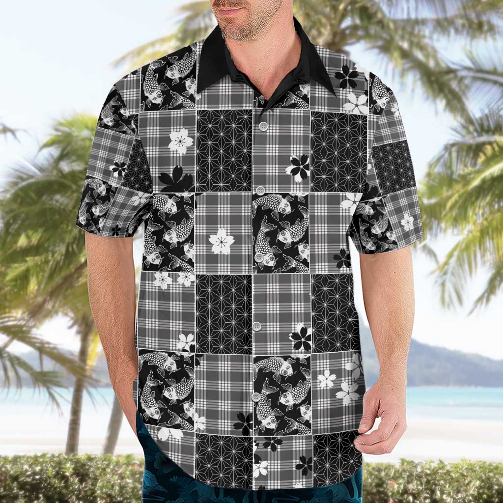 Black Palaka Japanese Patterns Hawaiian Shirt Koi Fish Asanoha Sakura Patchwork Stylized - Polynesian Pride