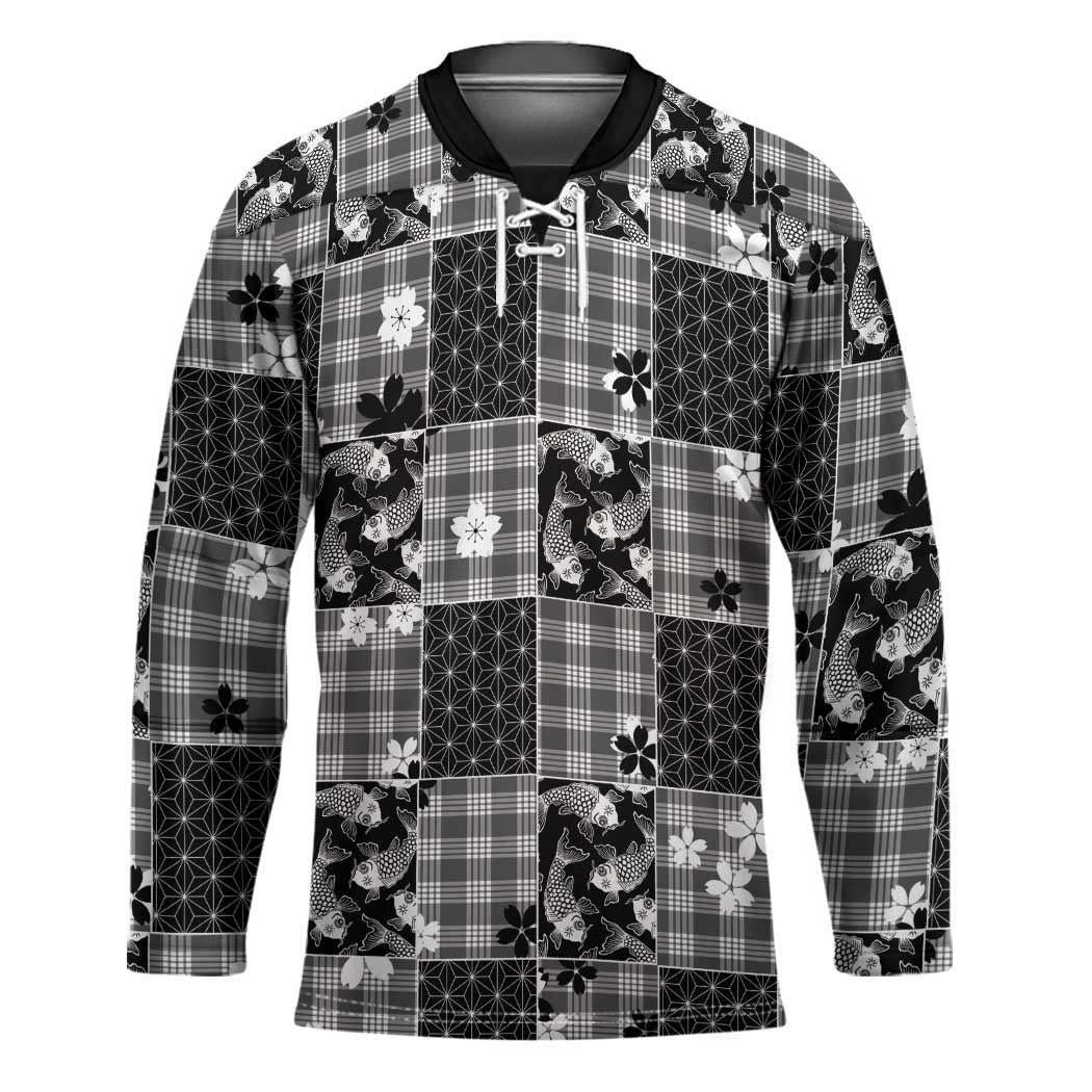 Black Palaka Japanese Patterns Hockey Jersey Koi Fish Asanoha Sakura Patchwork Stylized - Polynesian Pride