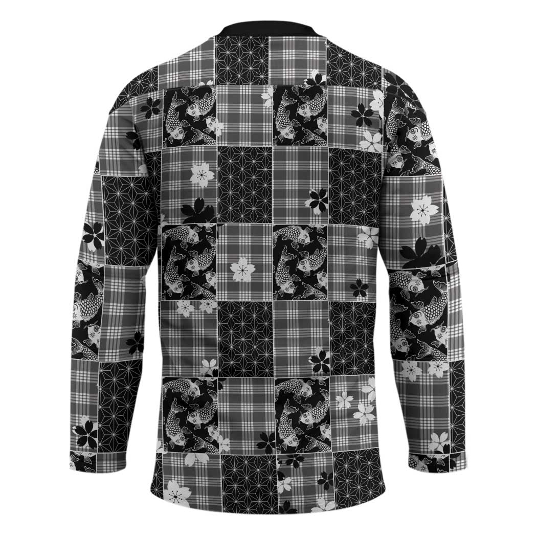 Black Palaka Japanese Patterns Hockey Jersey Koi Fish Asanoha Sakura Patchwork Stylized - Polynesian Pride