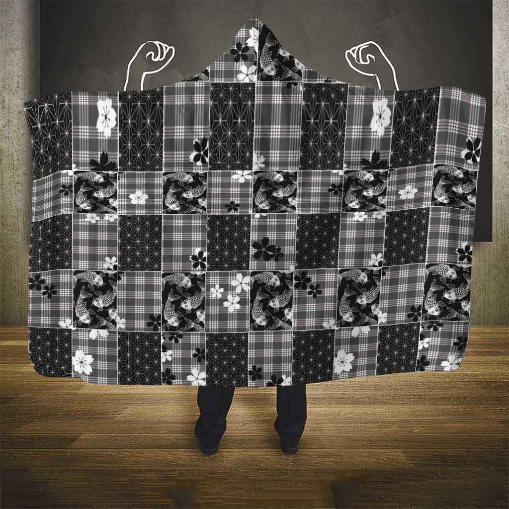 Black Palaka Japanese Patterns Hooded Blanket Koi Fish Asanoha Sakura Patchwork Stylized - Polynesian Pride