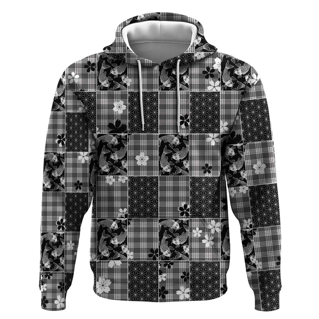 Black Palaka Japanese Patterns Hoodie Koi Fish Asanoha Sakura Patchwork Stylized - Polynesian Pride