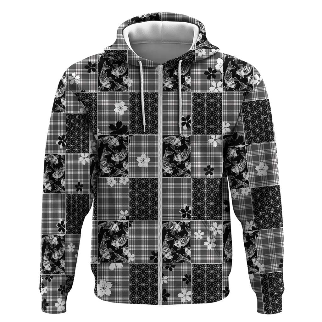 Black Palaka Japanese Patterns Hoodie Koi Fish Asanoha Sakura Patchwork Stylized - Polynesian Pride