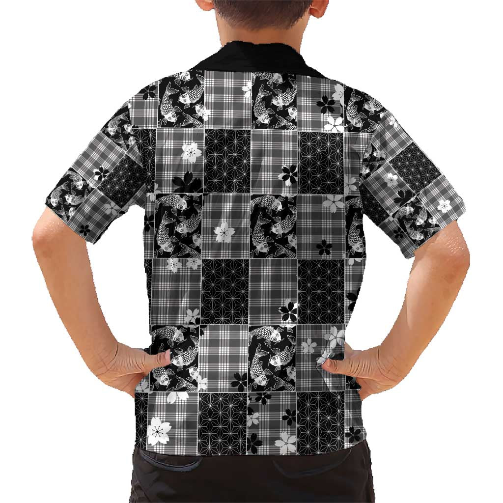 Black Palaka Japanese Patterns Kid Hawaiian Shirt Koi Fish Asanoha Sakura Patchwork Stylized - Polynesian Pride