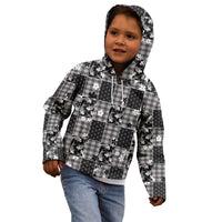 Black Palaka Japanese Patterns Kid Hoodie Koi Fish Asanoha Sakura Patchwork Stylized - Polynesian Pride