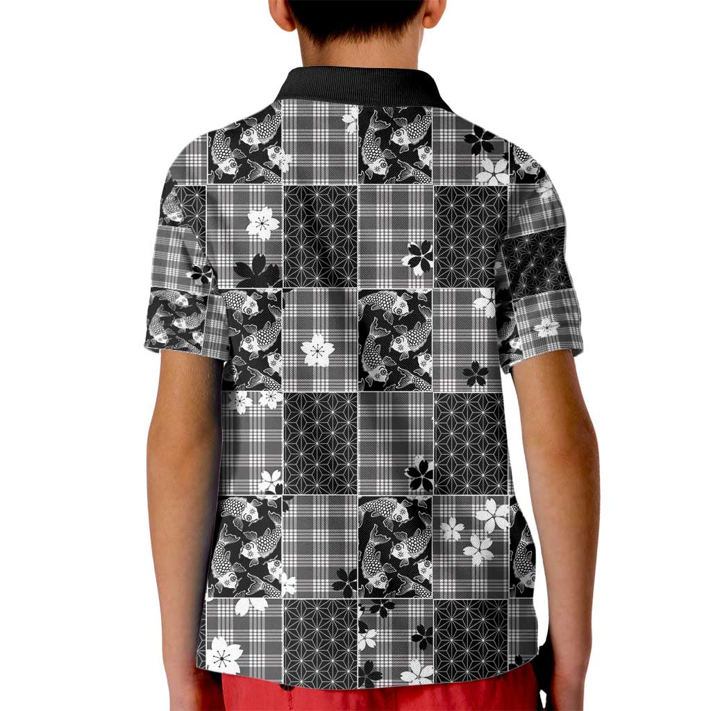 Black Palaka Japanese Patterns Kid Polo Shirt Koi Fish Asanoha Sakura Patchwork Stylized - Polynesian Pride