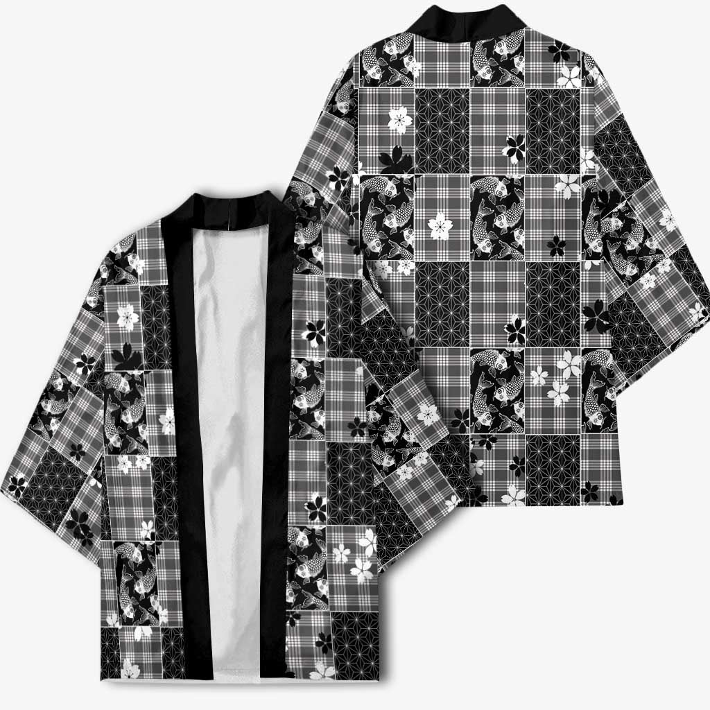 Black Palaka Japanese Patterns Kimono Koi Fish Asanoha Sakura Patchwork Stylized - Polynesian Pride