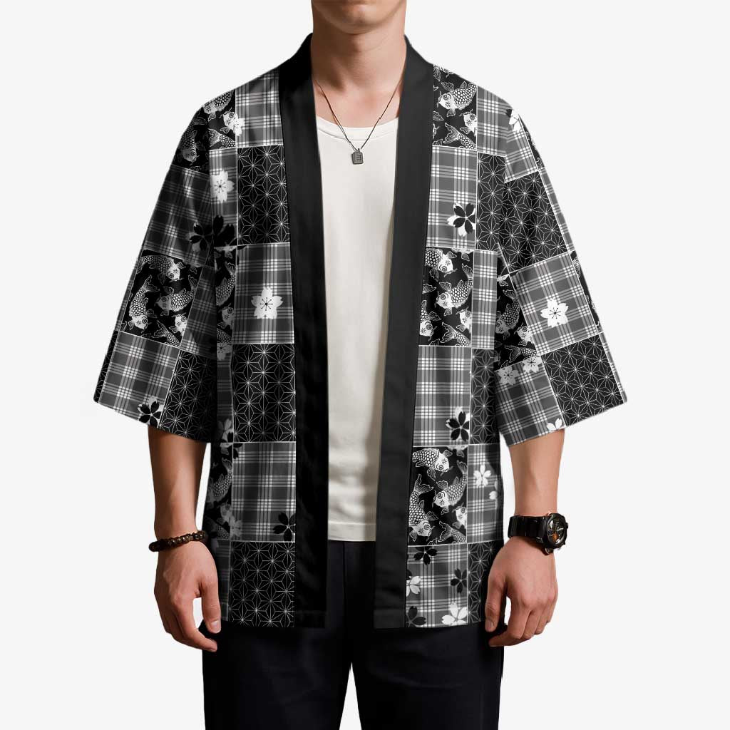 Black Palaka Japanese Patterns Kimono Koi Fish Asanoha Sakura Patchwork Stylized - Polynesian Pride