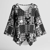 Black Palaka Japanese Patterns Kimono Sleeve Blouse Koi Fish Asanoha Sakura Patchwork Stylized LT14 Female Black - Polynesian Pride