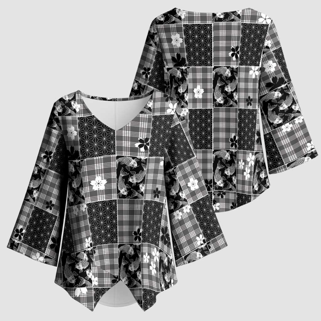 Black Palaka Japanese Patterns Kimono Sleeve Blouse Koi Fish Asanoha Sakura Patchwork Stylized LT14 - Polynesian Pride