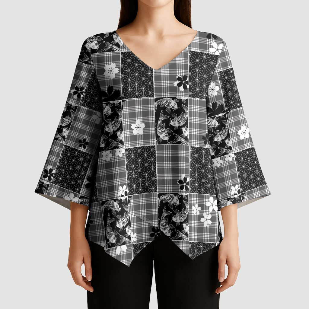 Black Palaka Japanese Patterns Kimono Sleeve Blouse Koi Fish Asanoha Sakura Patchwork Stylized LT14 - Polynesian Pride