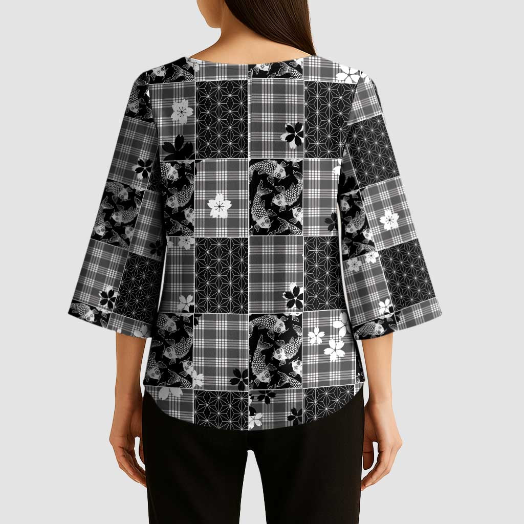 Black Palaka Japanese Patterns Kimono Sleeve Blouse Koi Fish Asanoha Sakura Patchwork Stylized LT14 - Polynesian Pride