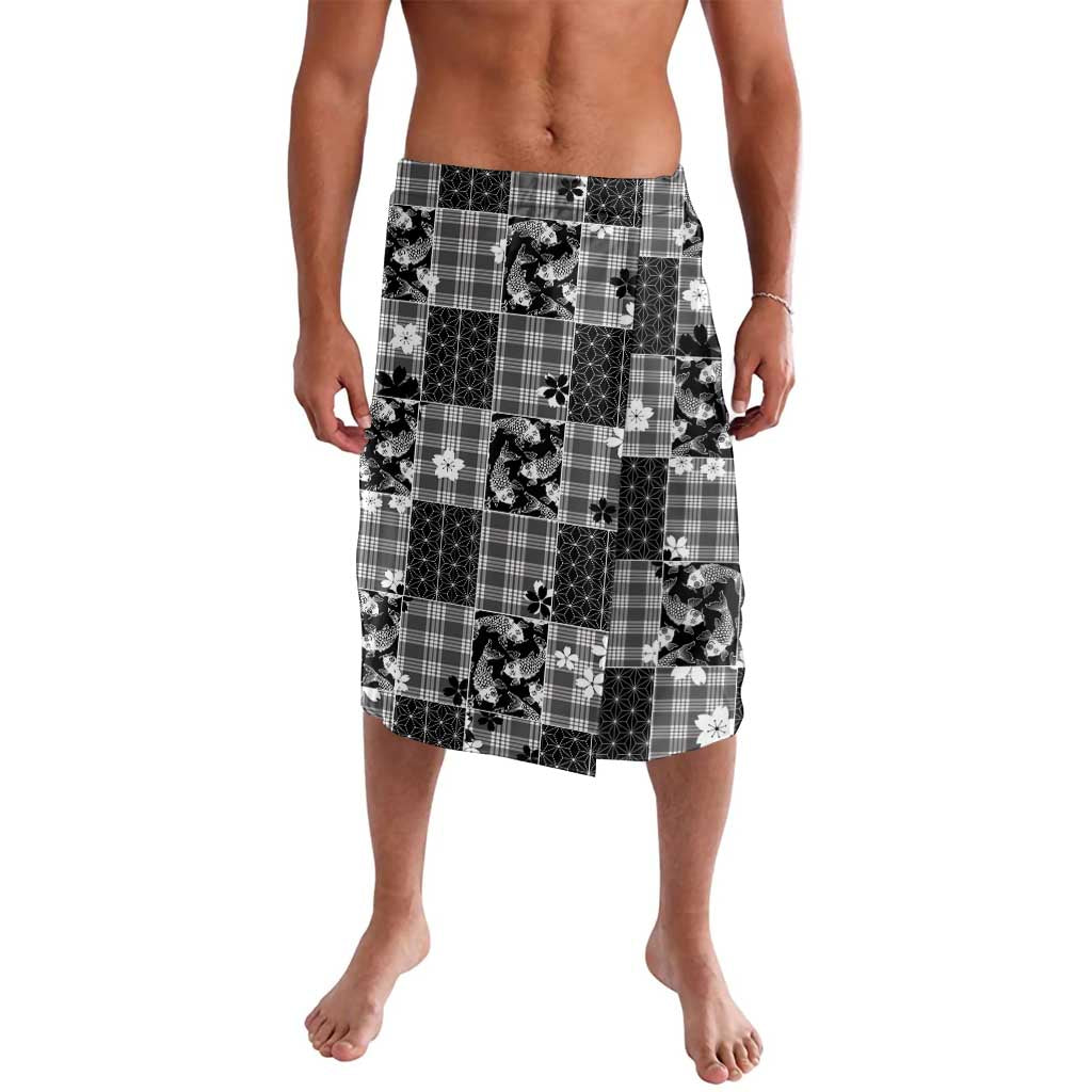 Black Palaka Japanese Patterns Lavalava Koi Fish Asanoha Sakura Patchwork Stylized - Polynesian Pride