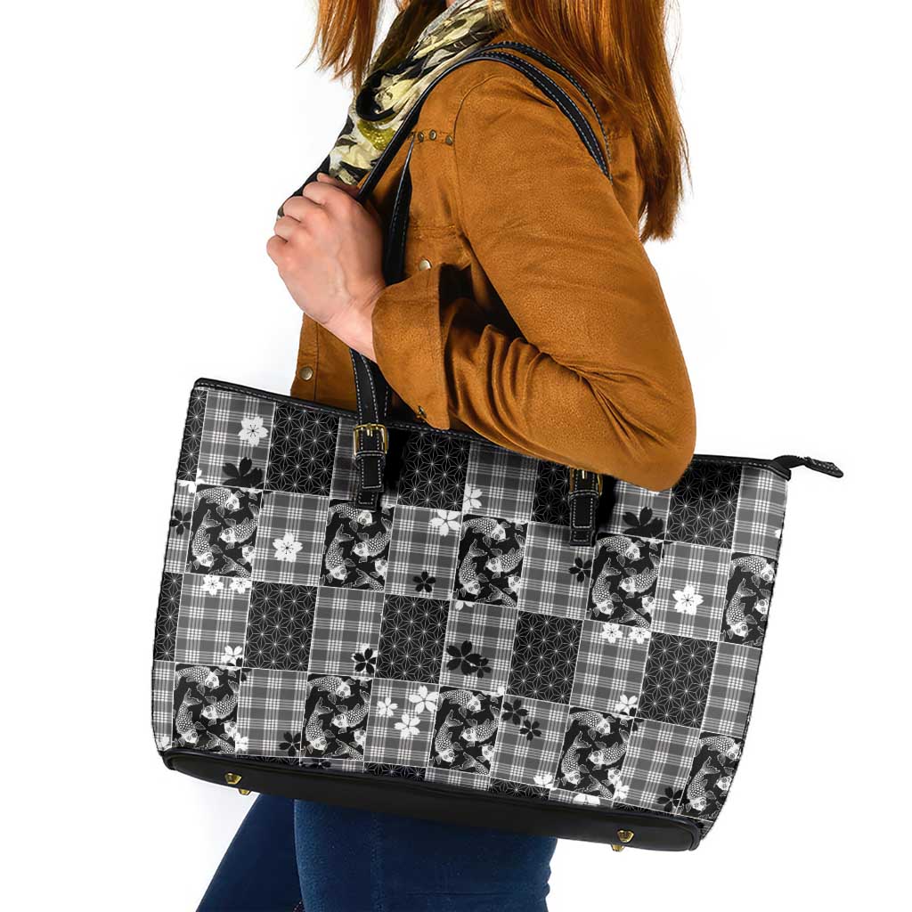 Black Palaka Japanese Patterns Leather Tote Bag Koi Fish Asanoha Sakura Patchwork Stylized - Polynesian Pride
