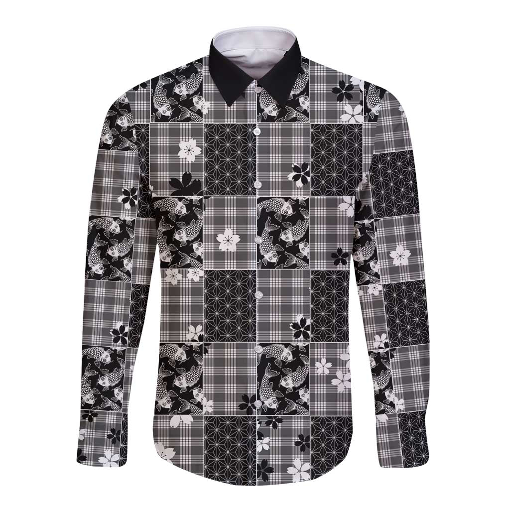 Black Palaka Japanese Patterns Long Sleeve Button Shirt Koi Fish Asanoha Sakura Patchwork Stylized LT14 Unisex Black - Polynesian Pride