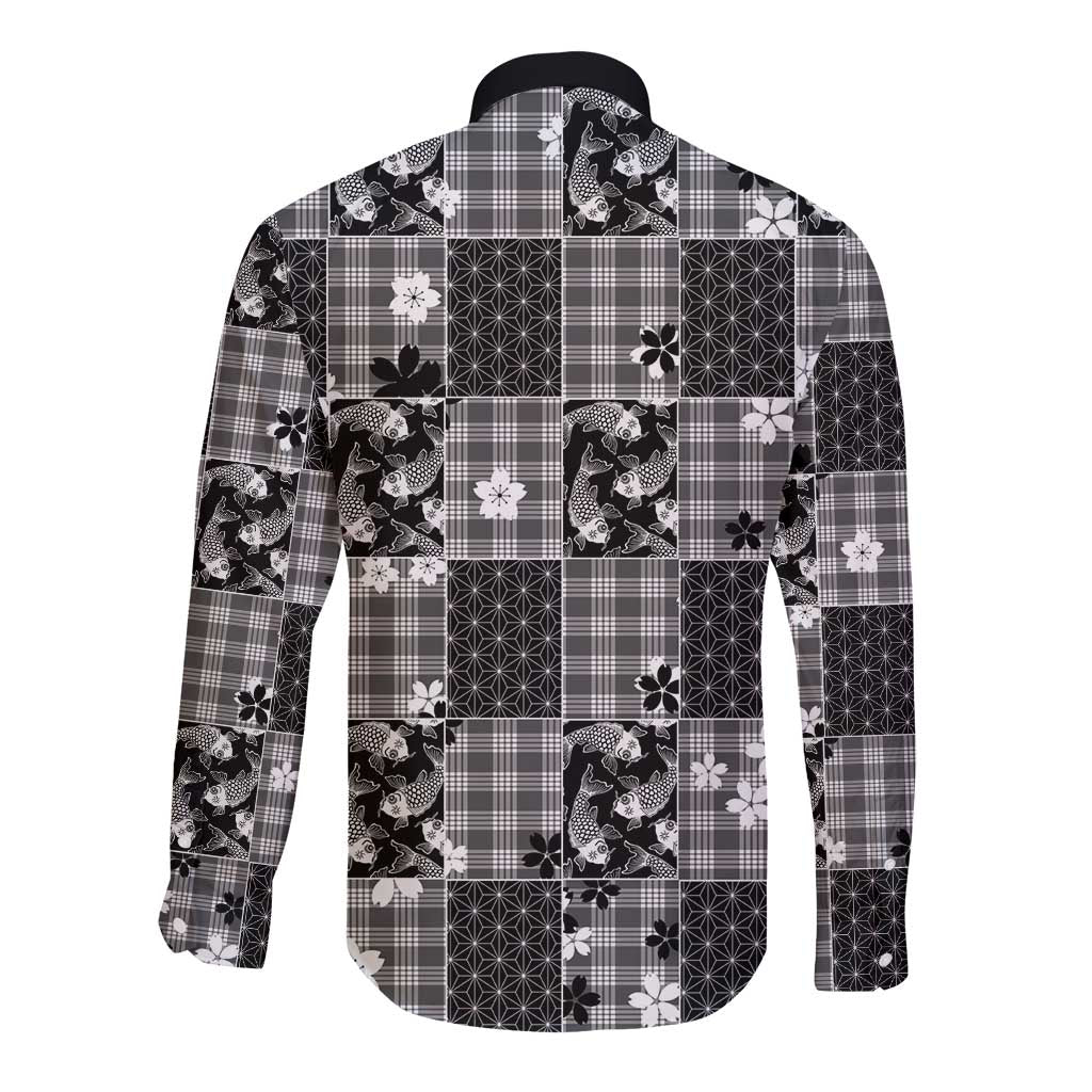 Black Palaka Japanese Patterns Long Sleeve Button Shirt Koi Fish Asanoha Sakura Patchwork Stylized LT14 - Polynesian Pride