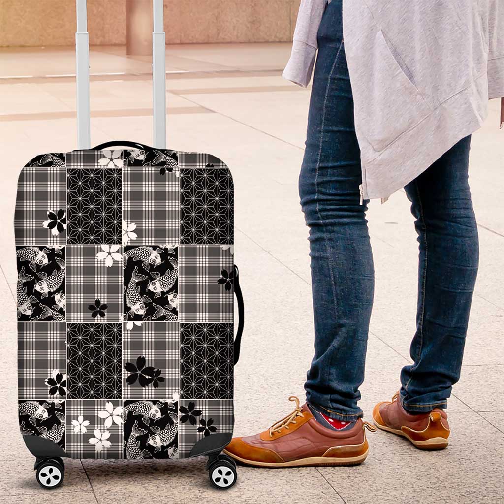 Black Palaka Japanese Patterns Luggage Cover Koi Fish Asanoha Sakura Patchwork Stylized - Polynesian Pride