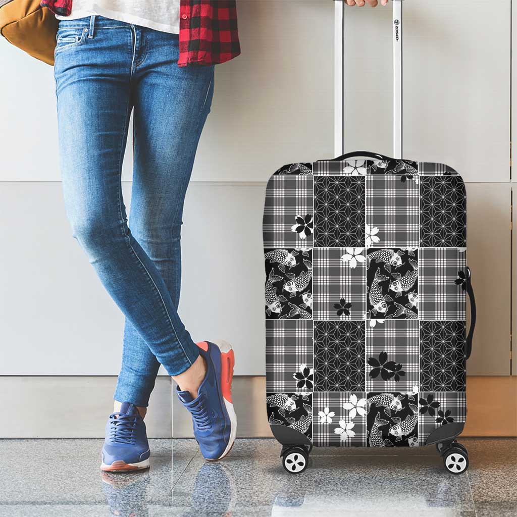 Black Palaka Japanese Patterns Luggage Cover Koi Fish Asanoha Sakura Patchwork Stylized - Polynesian Pride