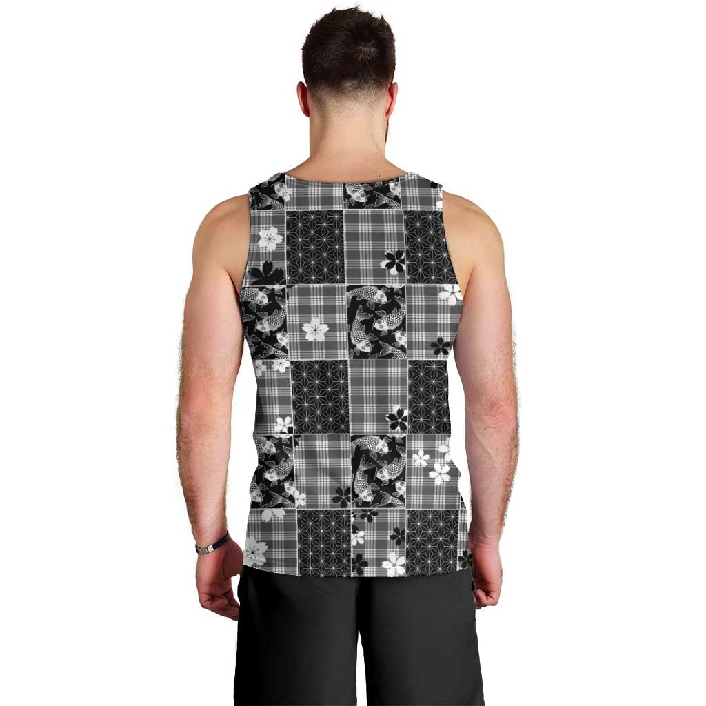 Black Palaka Japanese Patterns Men Tank Top Koi Fish Asanoha Sakura Patchwork Stylized - Polynesian Pride
