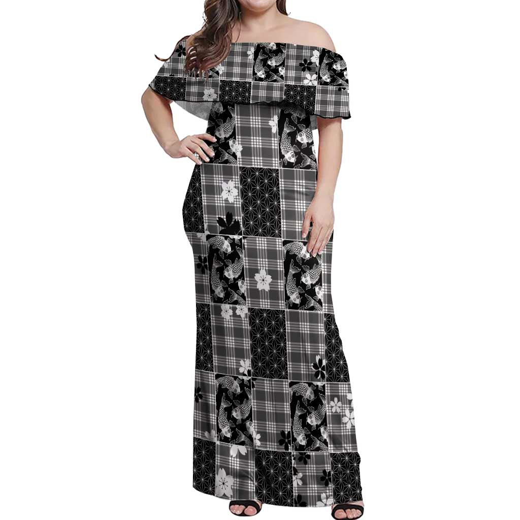 Black Palaka Japanese Patterns Off Shoulder Maxi Dress Koi Fish Asanoha Sakura Patchwork Stylized - Polynesian Pride