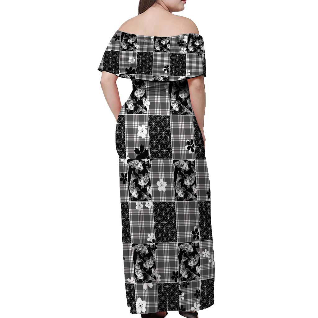 Black Palaka Japanese Patterns Off Shoulder Maxi Dress Koi Fish Asanoha Sakura Patchwork Stylized - Polynesian Pride