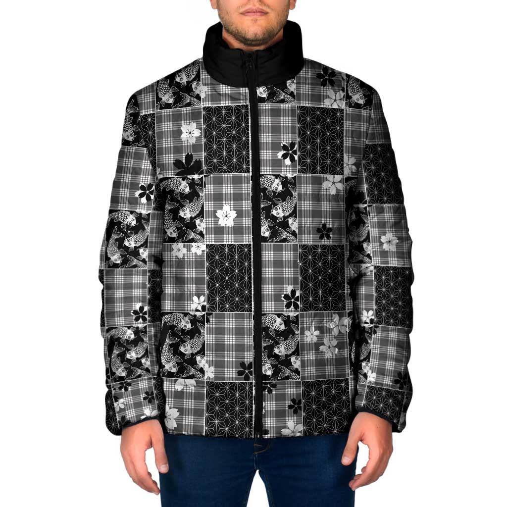 Black Palaka Japanese Patterns Padded Jacket Koi Fish Asanoha Sakura Patchwork Stylized LT14 Men Black - Polynesian Pride