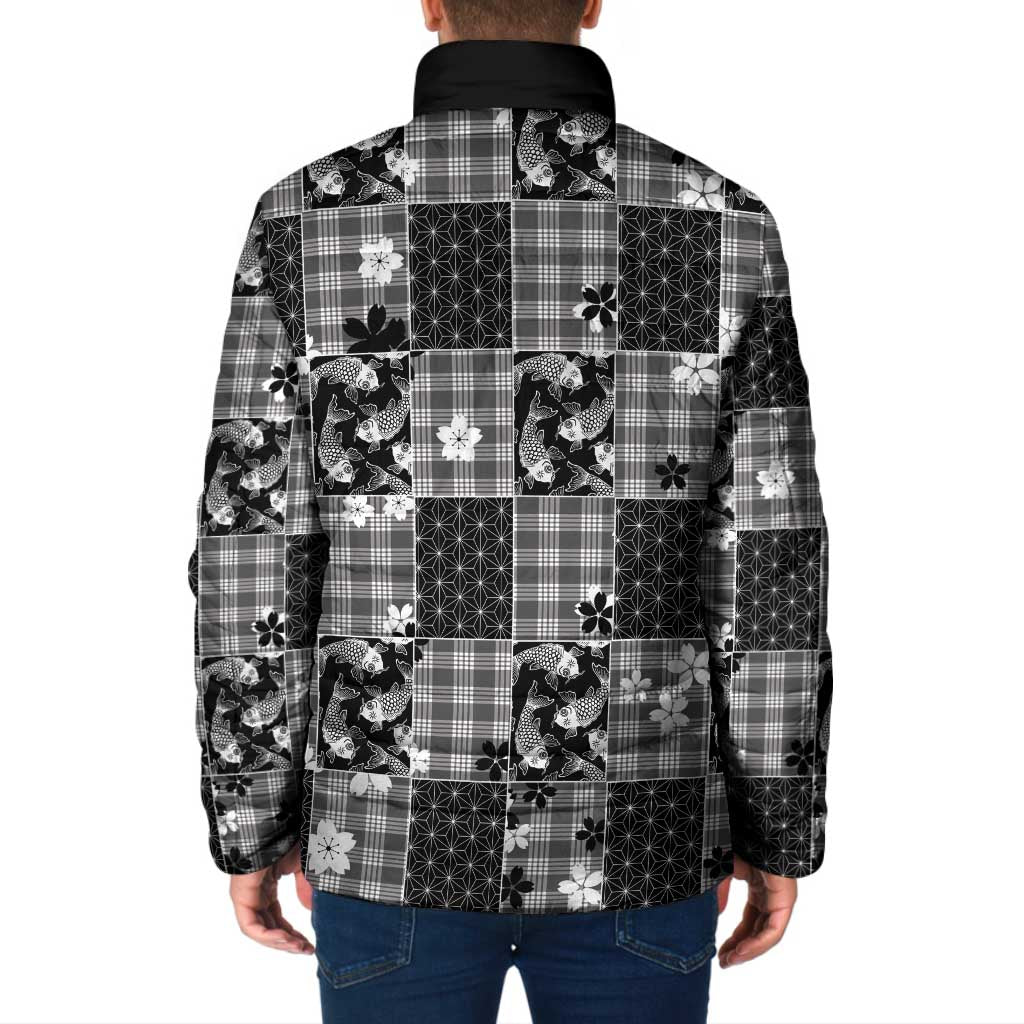 Black Palaka Japanese Patterns Padded Jacket Koi Fish Asanoha Sakura Patchwork Stylized LT14 - Polynesian Pride