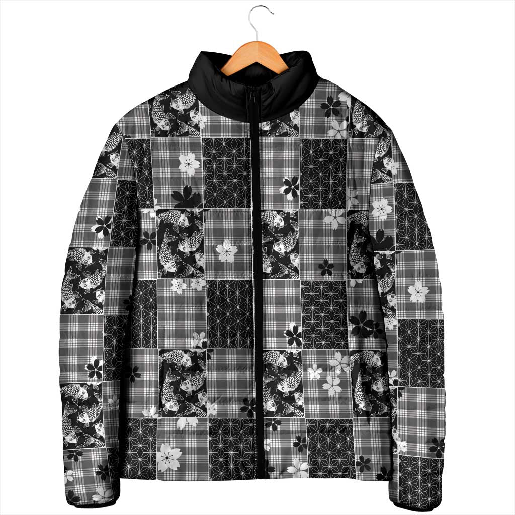 Black Palaka Japanese Patterns Padded Jacket Koi Fish Asanoha Sakura Patchwork Stylized LT14 - Polynesian Pride
