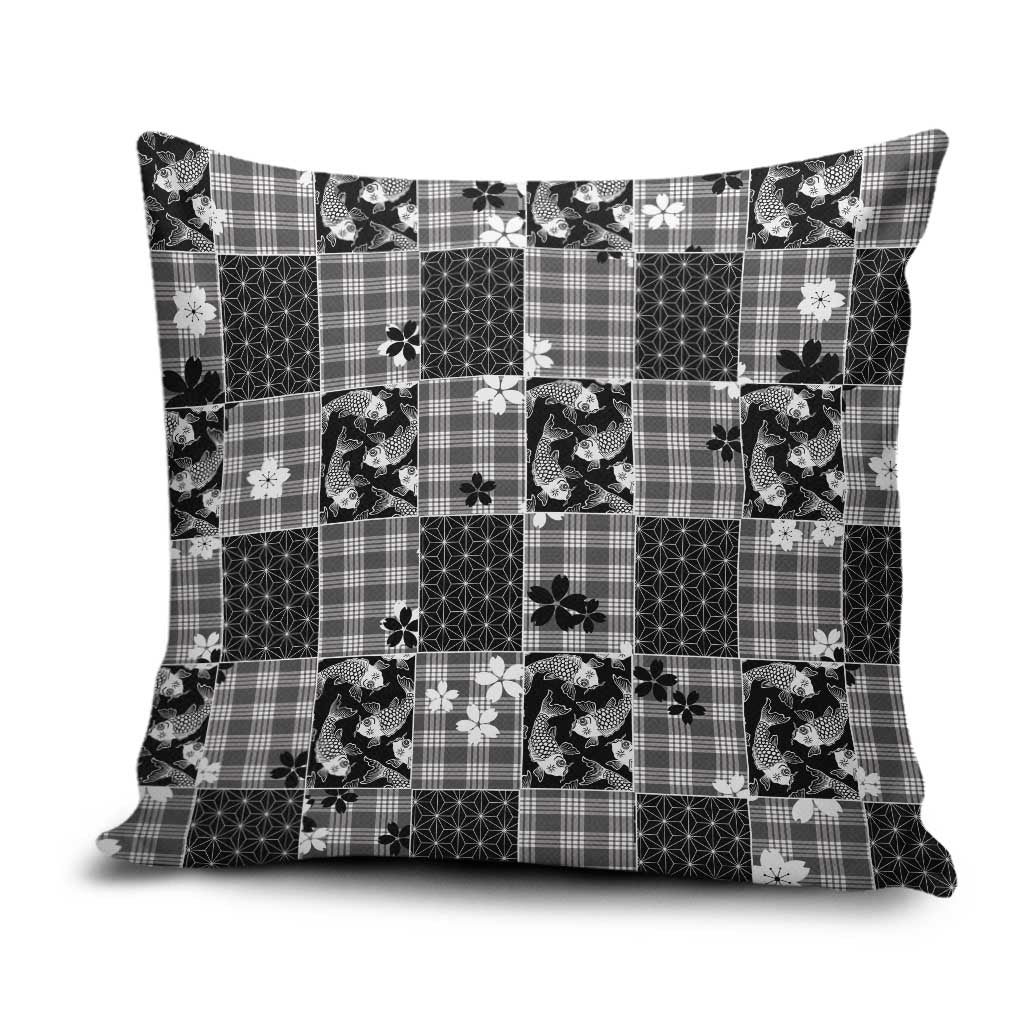 Black Palaka Japanese Patterns Pillow Cover Koi Fish Asanoha Sakura Patchwork Stylized - Polynesian Pride