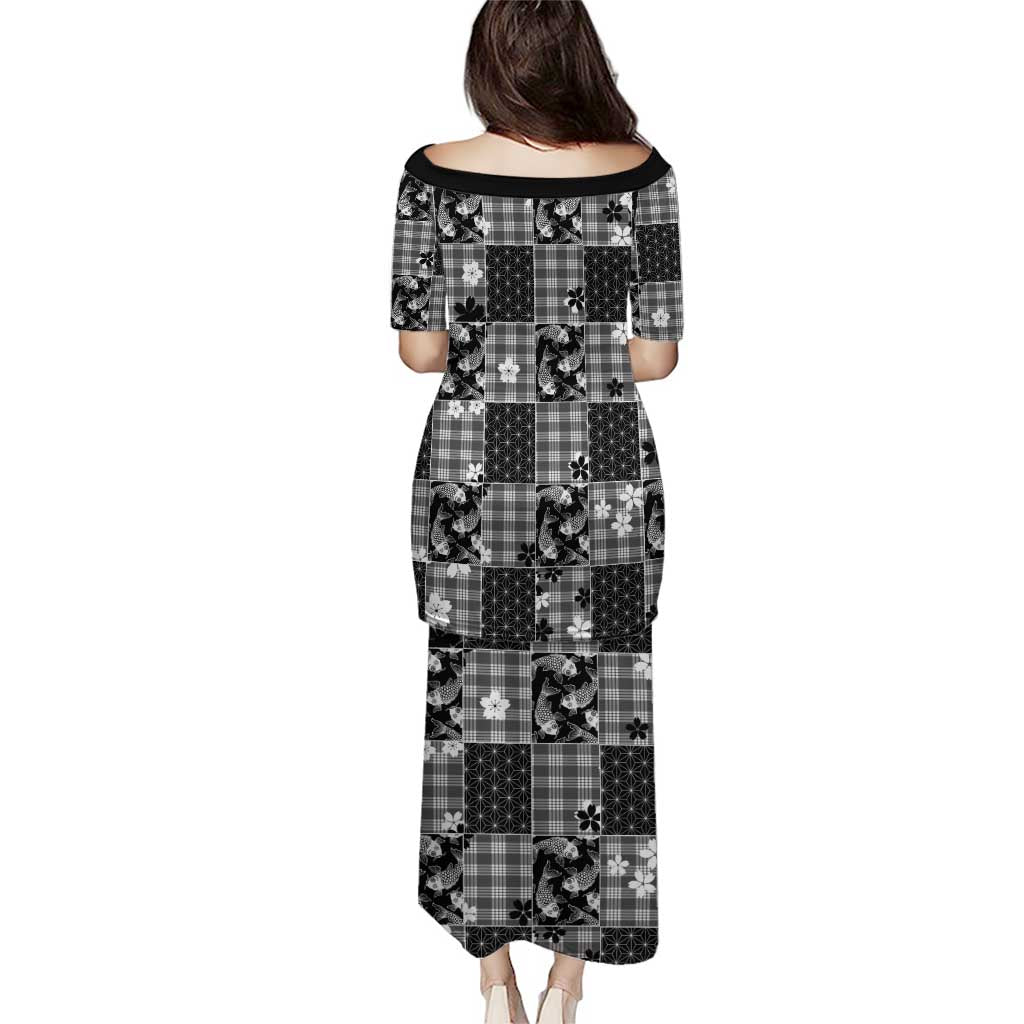 Black Palaka Japanese Patterns Puletasi Koi Fish Asanoha Sakura Patchwork Stylized - Polynesian Pride
