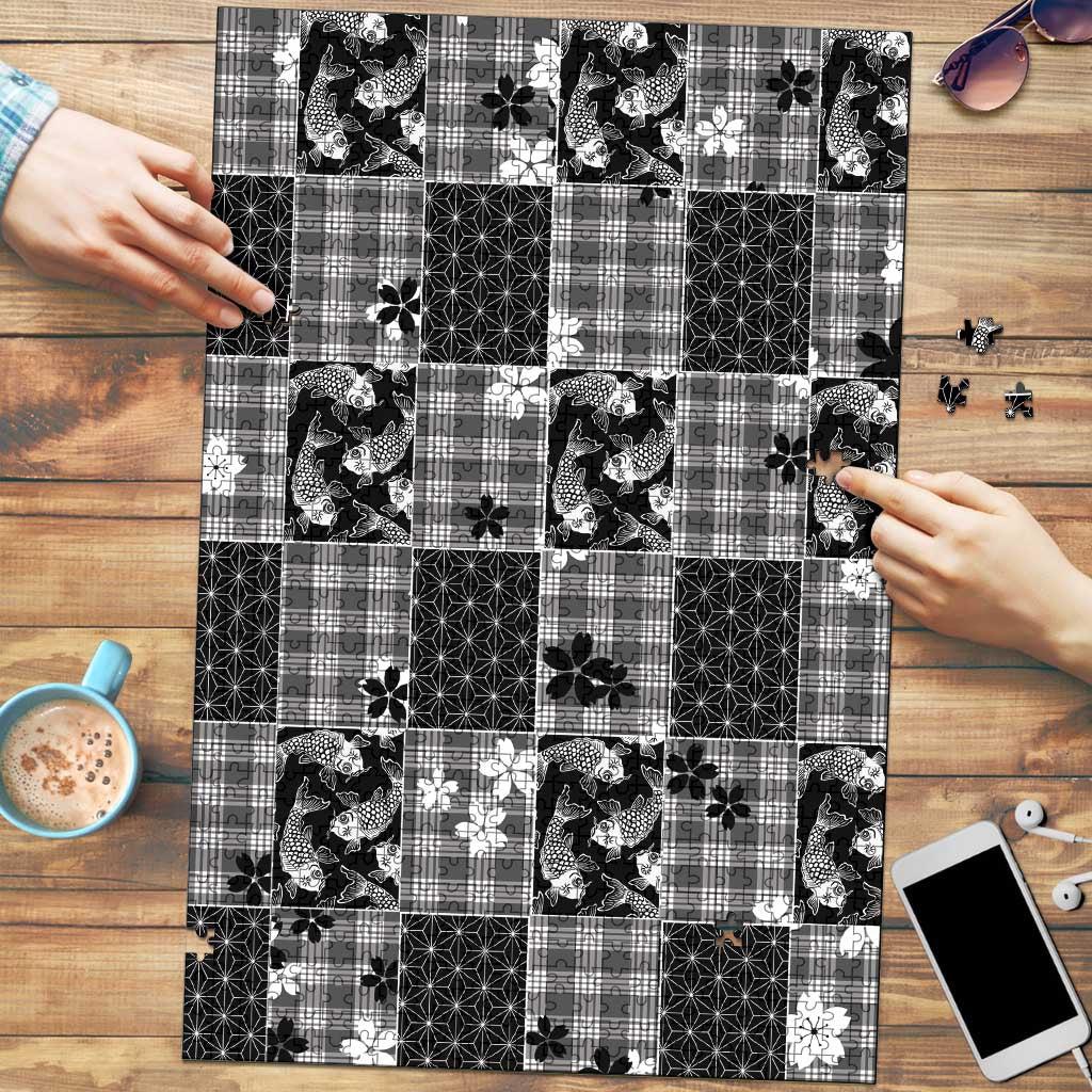 Black Palaka Japanese Patterns Puzzle Koi Fish Asanoha Sakura Patchwork Stylized LT14 Black - Polynesian Pride