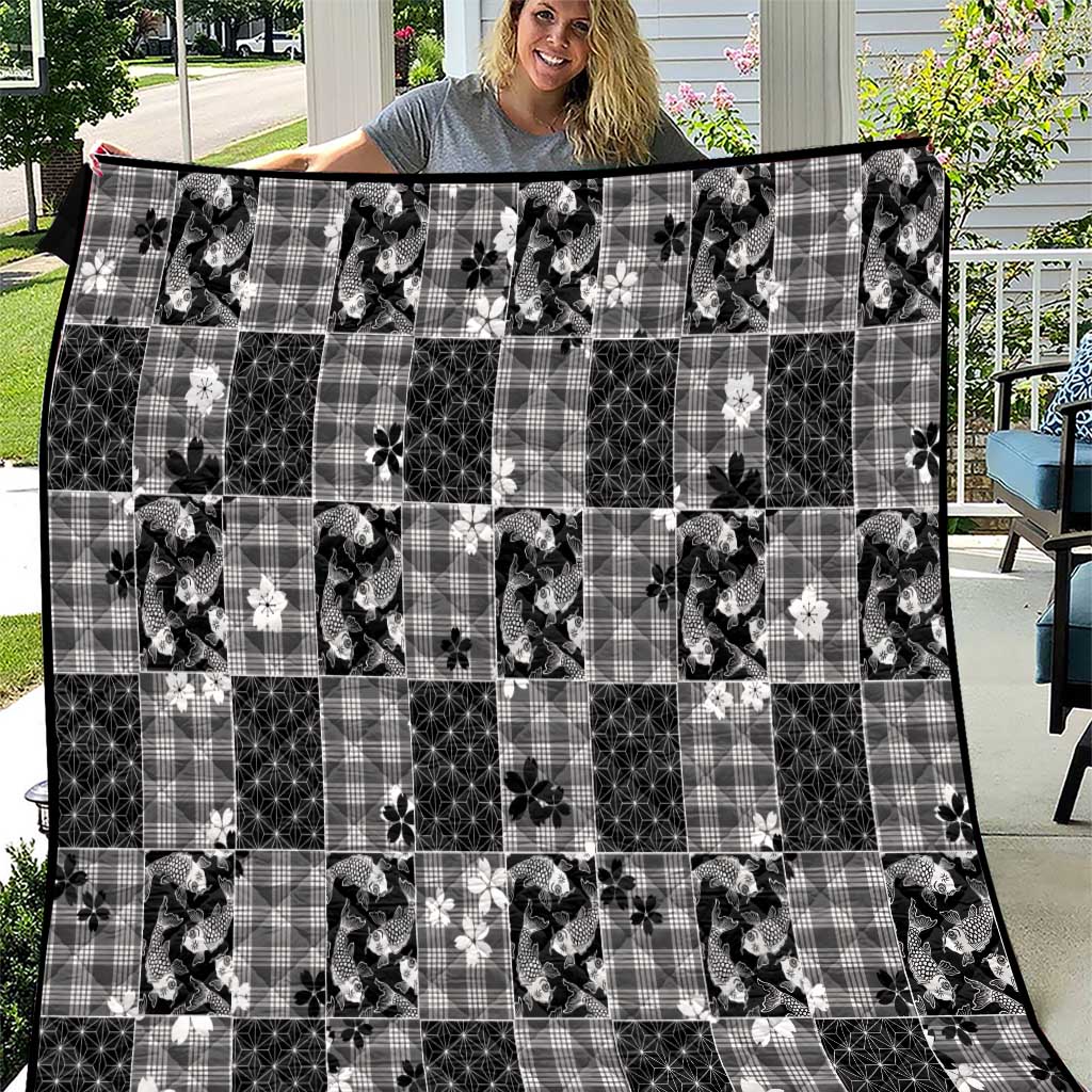 Black Palaka Japanese Patterns Quilt Koi Fish Asanoha Sakura Patchwork Stylized - Polynesian Pride