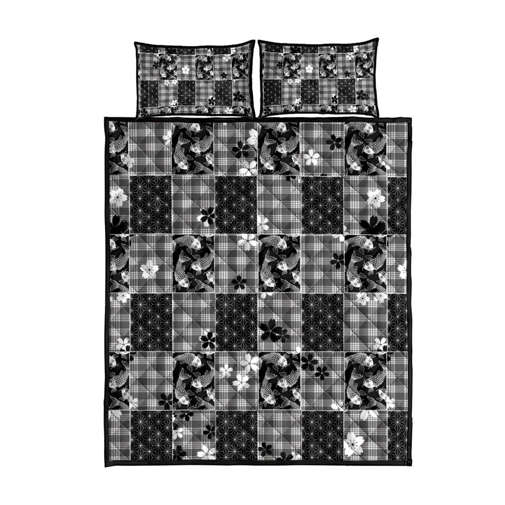 Black Palaka Japanese Patterns Quilt Bed Set Koi Fish Asanoha Sakura Patchwork Stylized - Polynesian Pride
