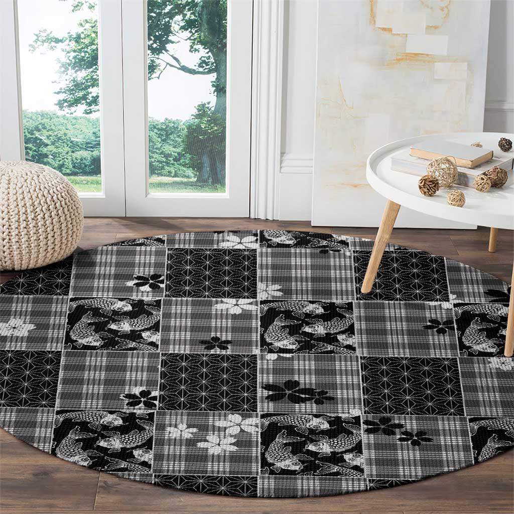 Black Palaka Japanese Patterns Round Carpet Koi Fish Asanoha Sakura Patchwork Stylized - Polynesian Pride