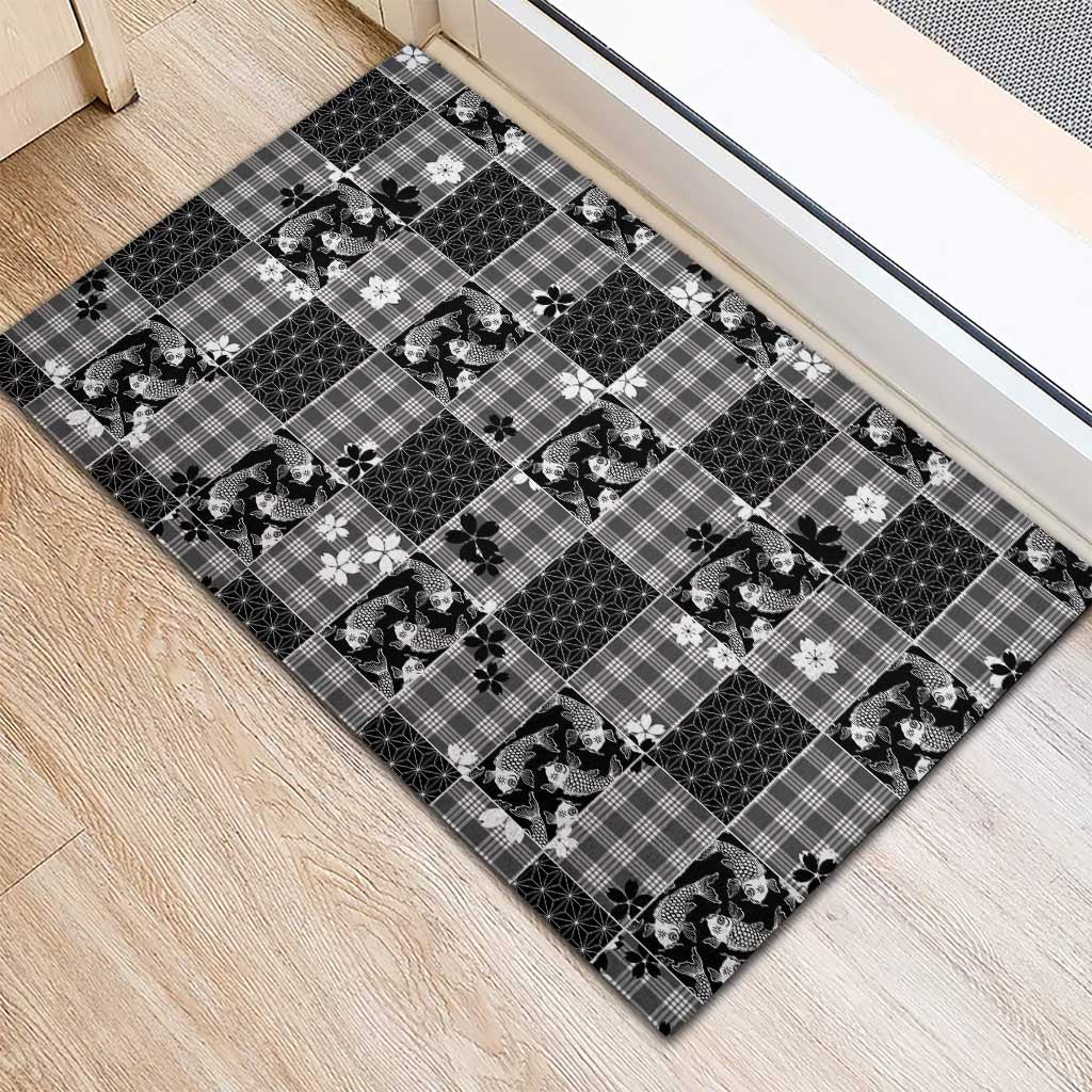 Black Palaka Japanese Patterns Rubber Doormat Koi Fish Asanoha Sakura Patchwork Stylized LT14 - Polynesian Pride