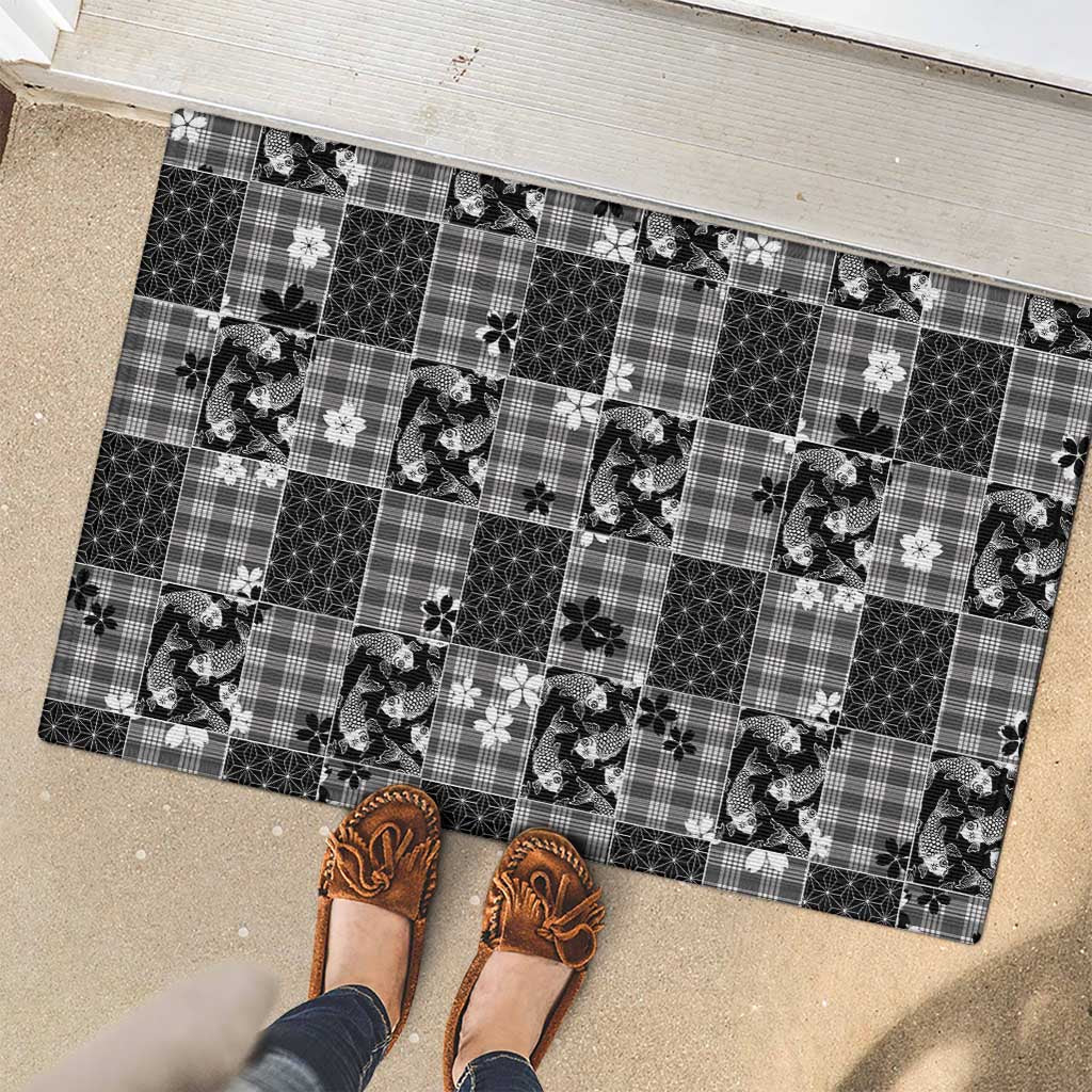 Black Palaka Japanese Patterns Rubber Doormat Koi Fish Asanoha Sakura Patchwork Stylized LT14 - Polynesian Pride