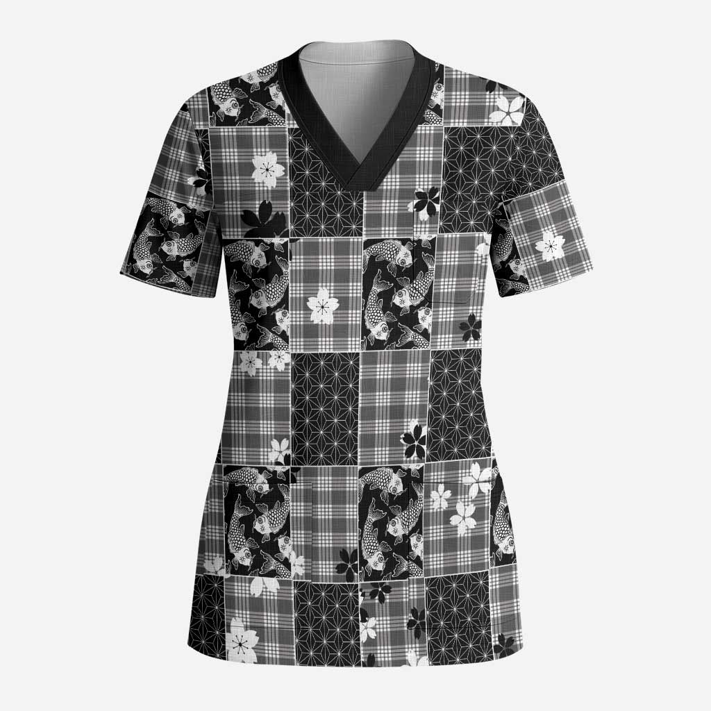 Black Palaka Japanese Patterns Scrub Top Koi Fish Asanoha Sakura Patchwork Stylized - Polynesian Pride