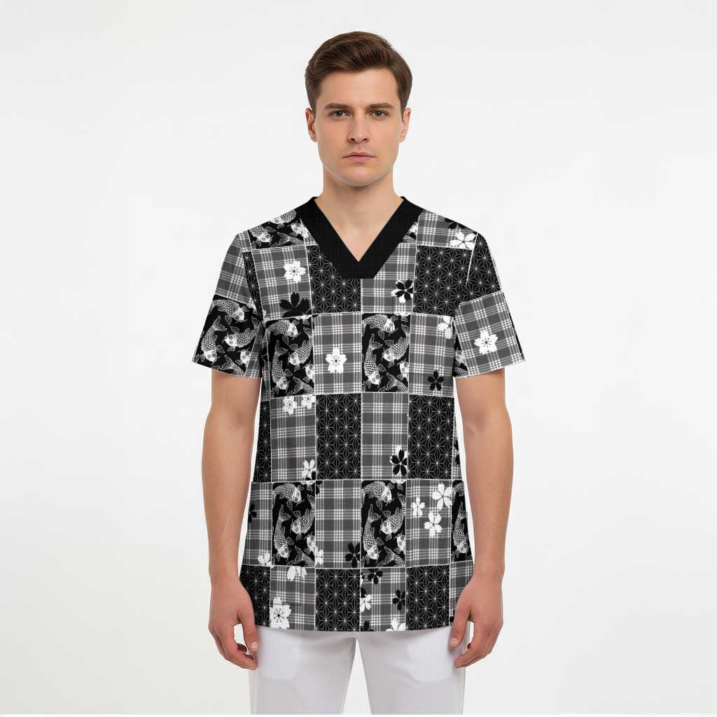 Black Palaka Japanese Patterns Scrub Top Koi Fish Asanoha Sakura Patchwork Stylized - Polynesian Pride