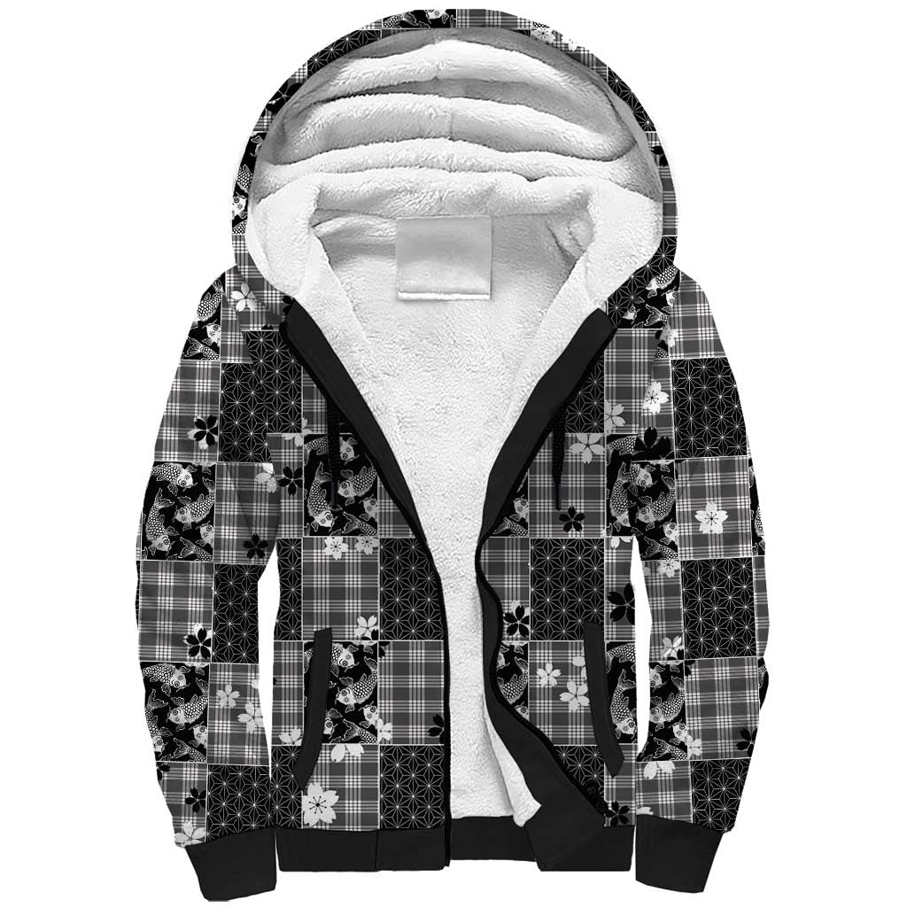 Black Palaka Japanese Patterns Sherpa Hoodie Koi Fish Asanoha Sakura Patchwork Stylized LT14 Unisex Black - Polynesian Pride