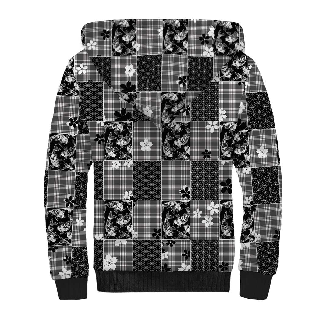 Black Palaka Japanese Patterns Sherpa Hoodie Koi Fish Asanoha Sakura Patchwork Stylized LT14 - Polynesian Pride