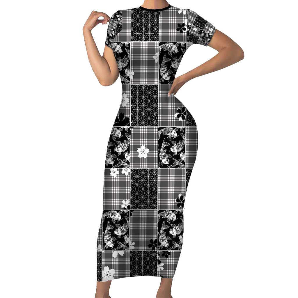 Black Palaka Japanese Patterns Short Sleeve Bodycon Dress Koi Fish Asanoha Sakura Patchwork Stylized - Polynesian Pride