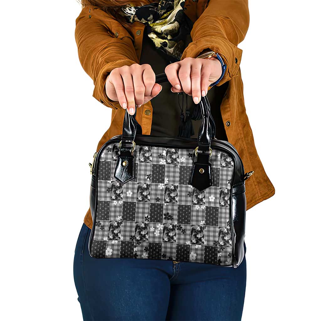 Black Palaka Japanese Patterns Shoulder Handbag Koi Fish Asanoha Sakura Patchwork Stylized - Polynesian Pride