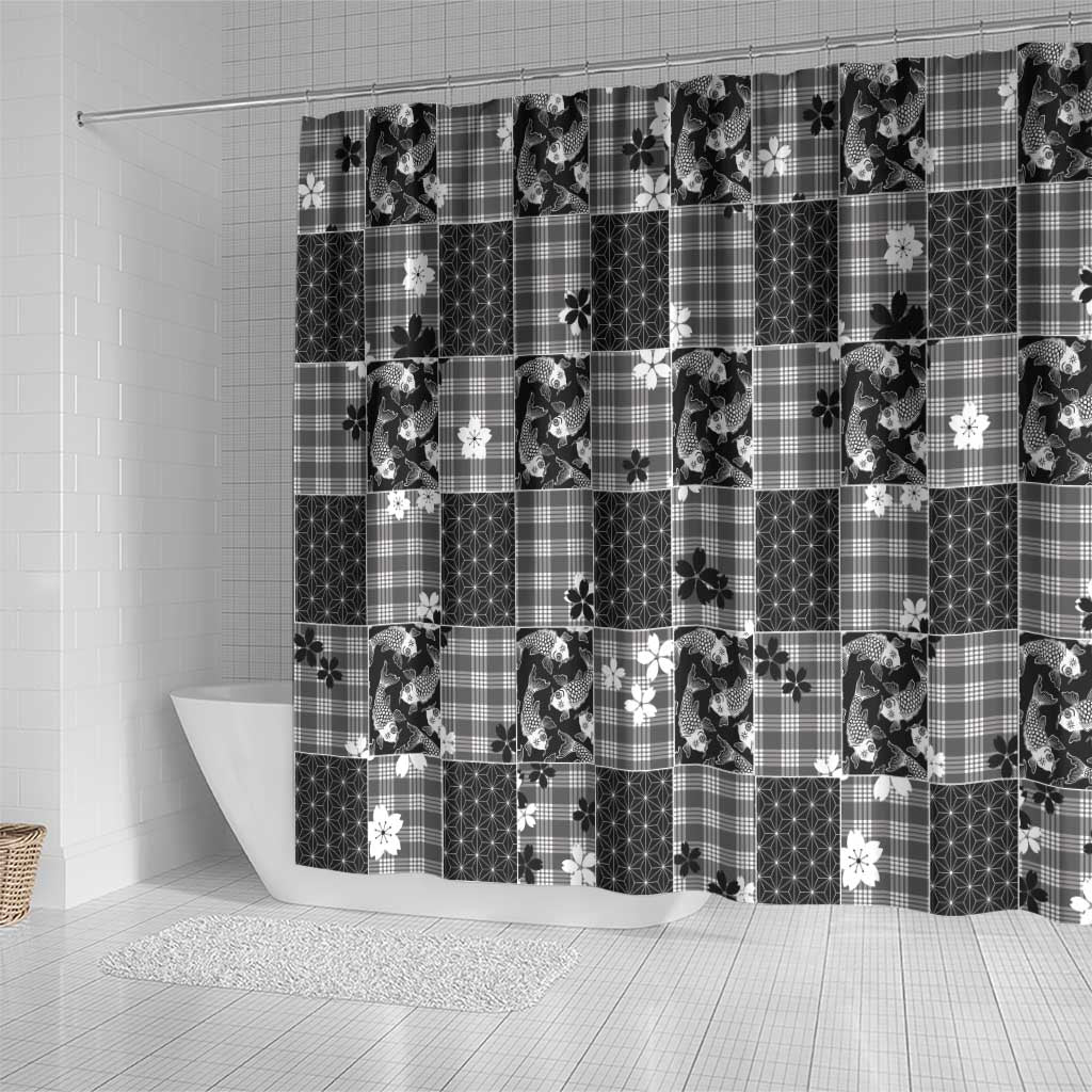 Black Palaka Japanese Patterns Shower Curtain Koi Fish Asanoha Sakura Patchwork Stylized - Polynesian Pride