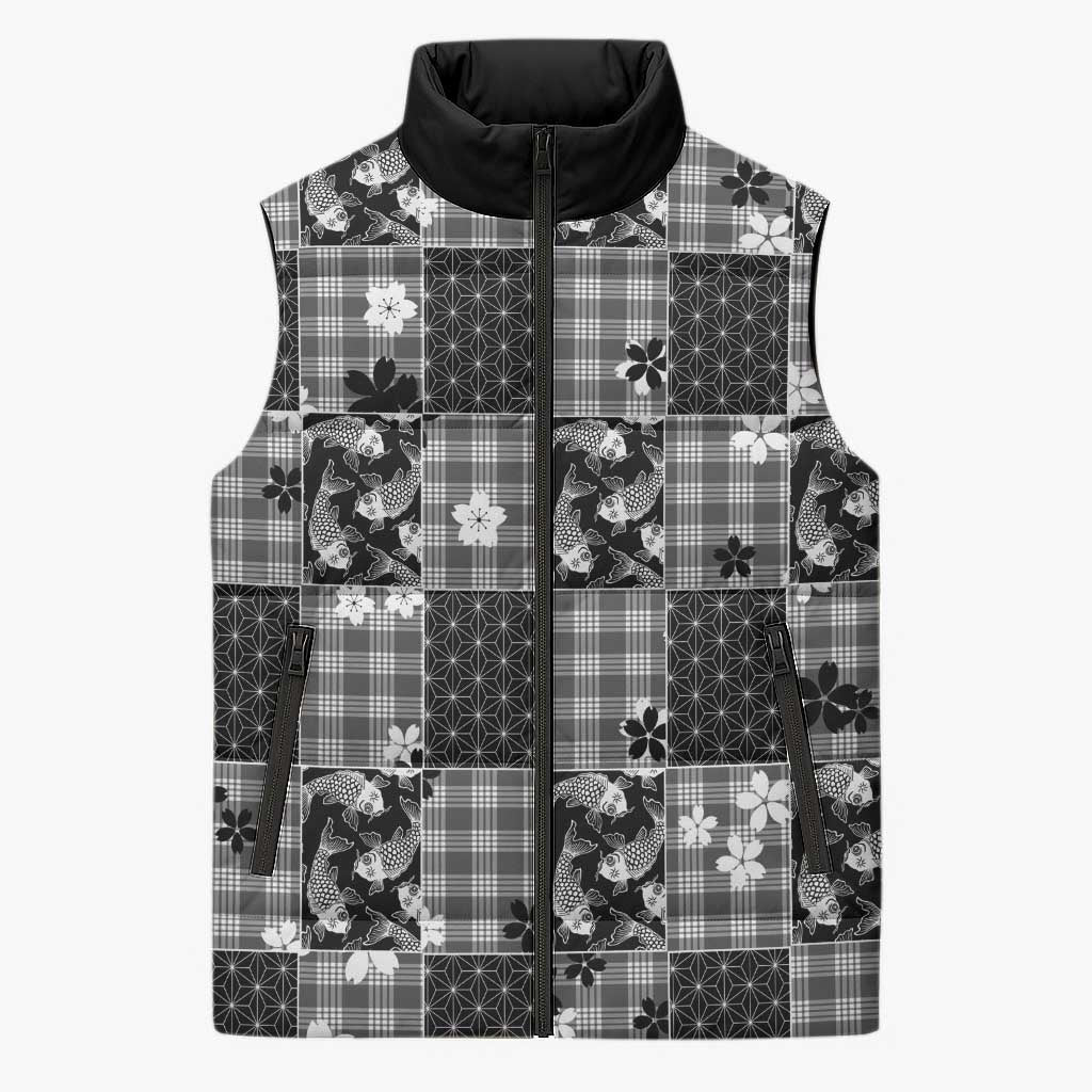 Black Palaka Japanese Patterns Sleeveless Puffer Jacket Koi Fish Asanoha Sakura Patchwork Stylized LT14 Unisex Black - Polynesian Pride