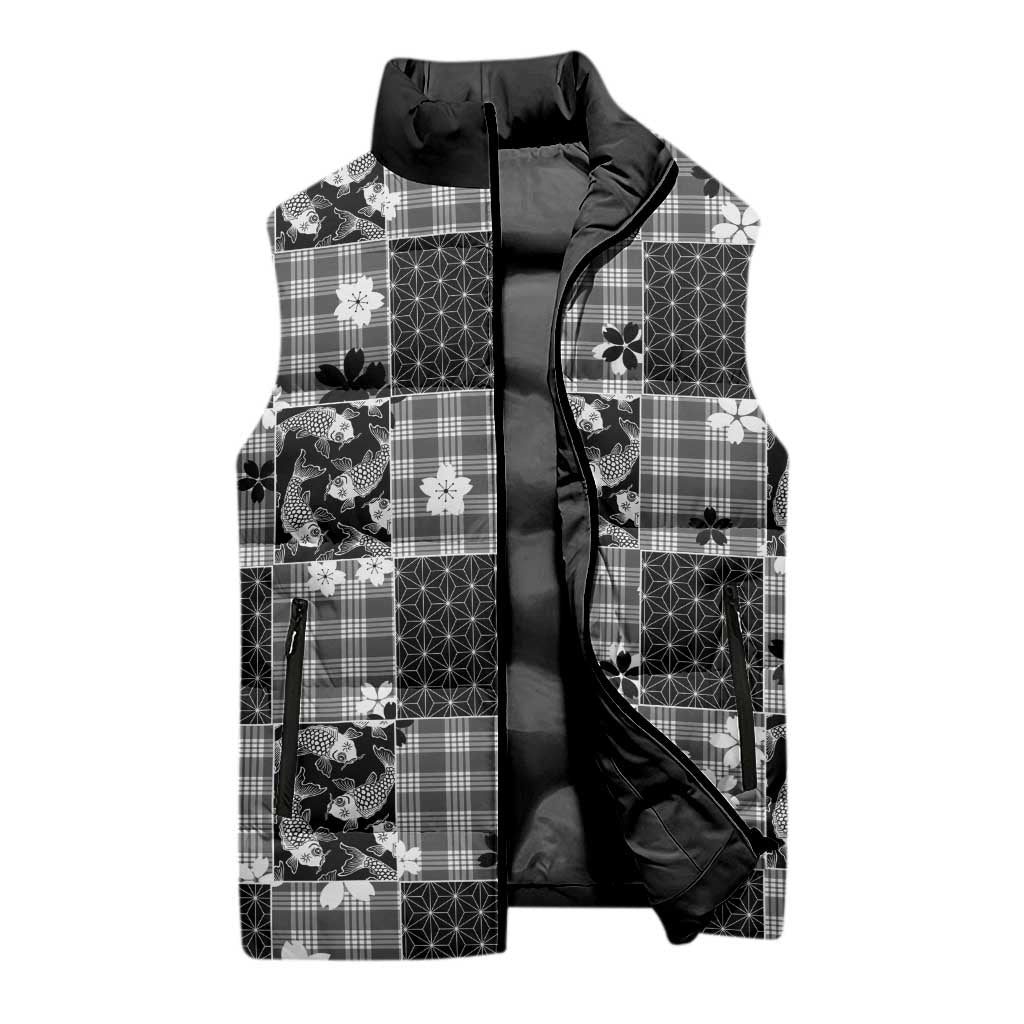 Black Palaka Japanese Patterns Sleeveless Puffer Jacket Koi Fish Asanoha Sakura Patchwork Stylized LT14 - Polynesian Pride