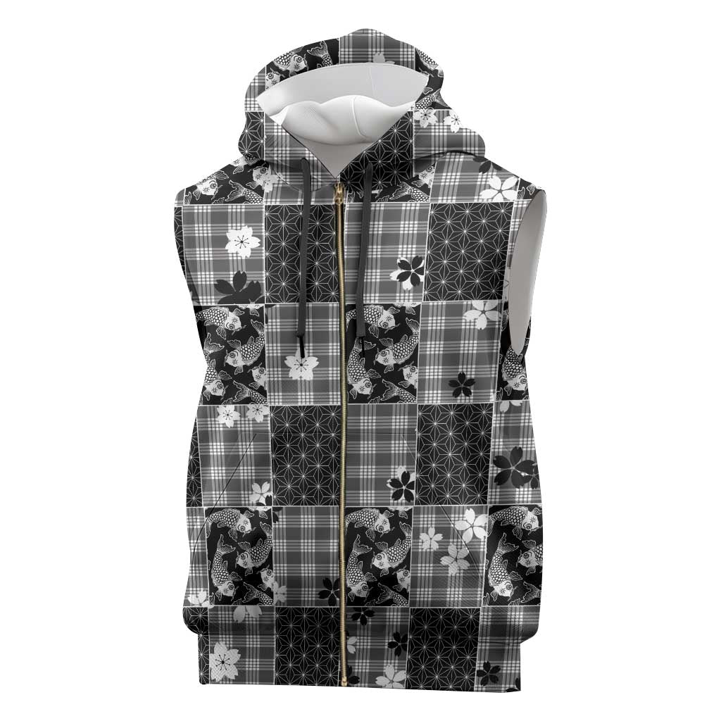 Black Palaka Japanese Patterns Sleeveless Zip Hoodie Koi Fish Asanoha Sakura Patchwork Stylized - Polynesian Pride