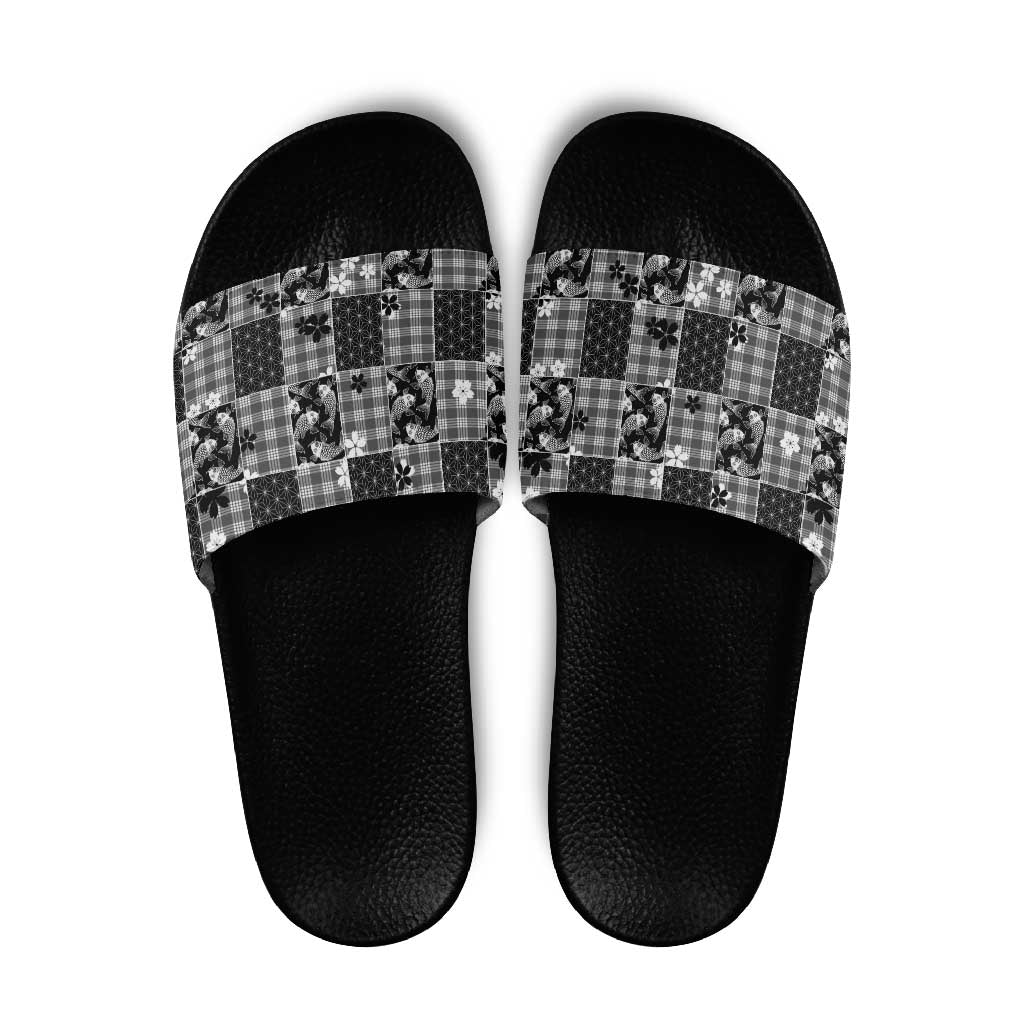 Black Palaka Japanese Patterns Slide Sandals Koi Fish Asanoha Sakura Patchwork Stylized - Polynesian Pride