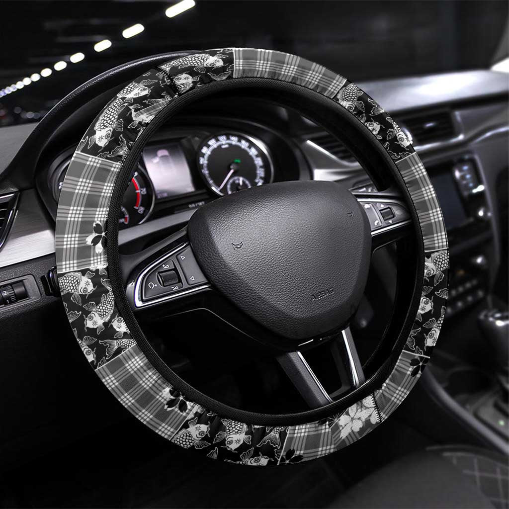 Black Palaka Japanese Patterns Steering Wheel Cover Koi Fish Asanoha Sakura Patchwork Stylized LT14 Universal Fit Black - Polynesian Pride
