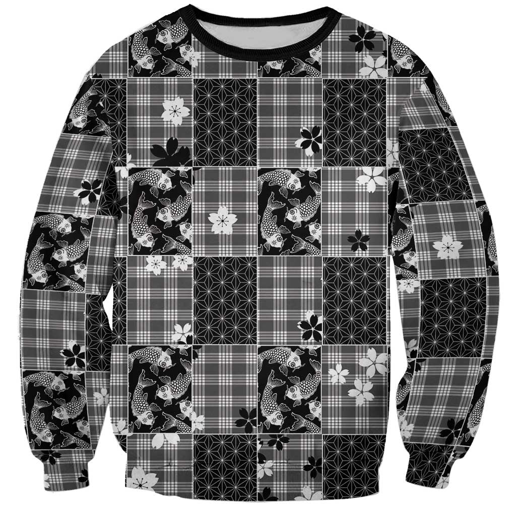 Black Palaka Japanese Patterns Sweatshirt Koi Fish Asanoha Sakura Patchwork Stylized LT14 Unisex Black - Polynesian Pride